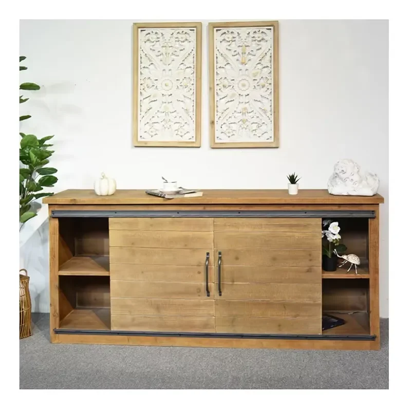 Rustic Style Wooden Tv Stand Cabinet Living Room Furniture With Slide Door and Storage Glass Metal Material