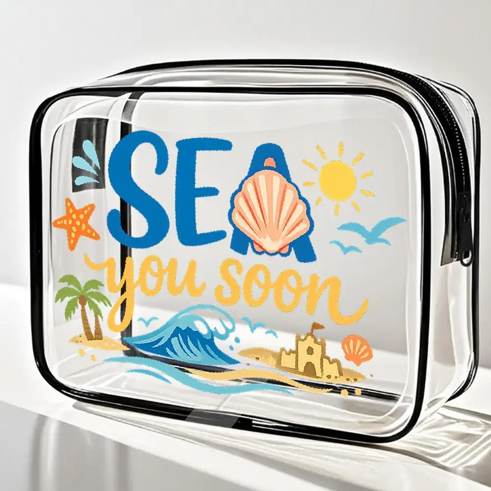 Cosmetic Bags Featuring Seashells Starfish And Palm Trees Designed For Travel. This Clear Organizer With A Tropical Beach Theme