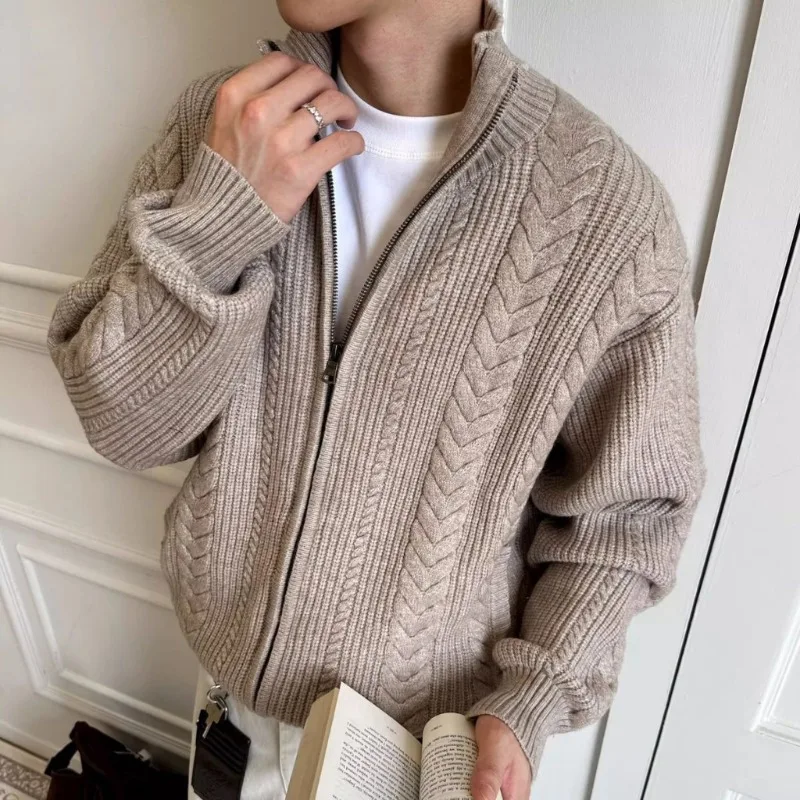 Autumn Winter New Wheat Twists Zipper Sweater Stand Collar Solid Cardigan Men British Style Versatile Casual Thick Knitted Coats