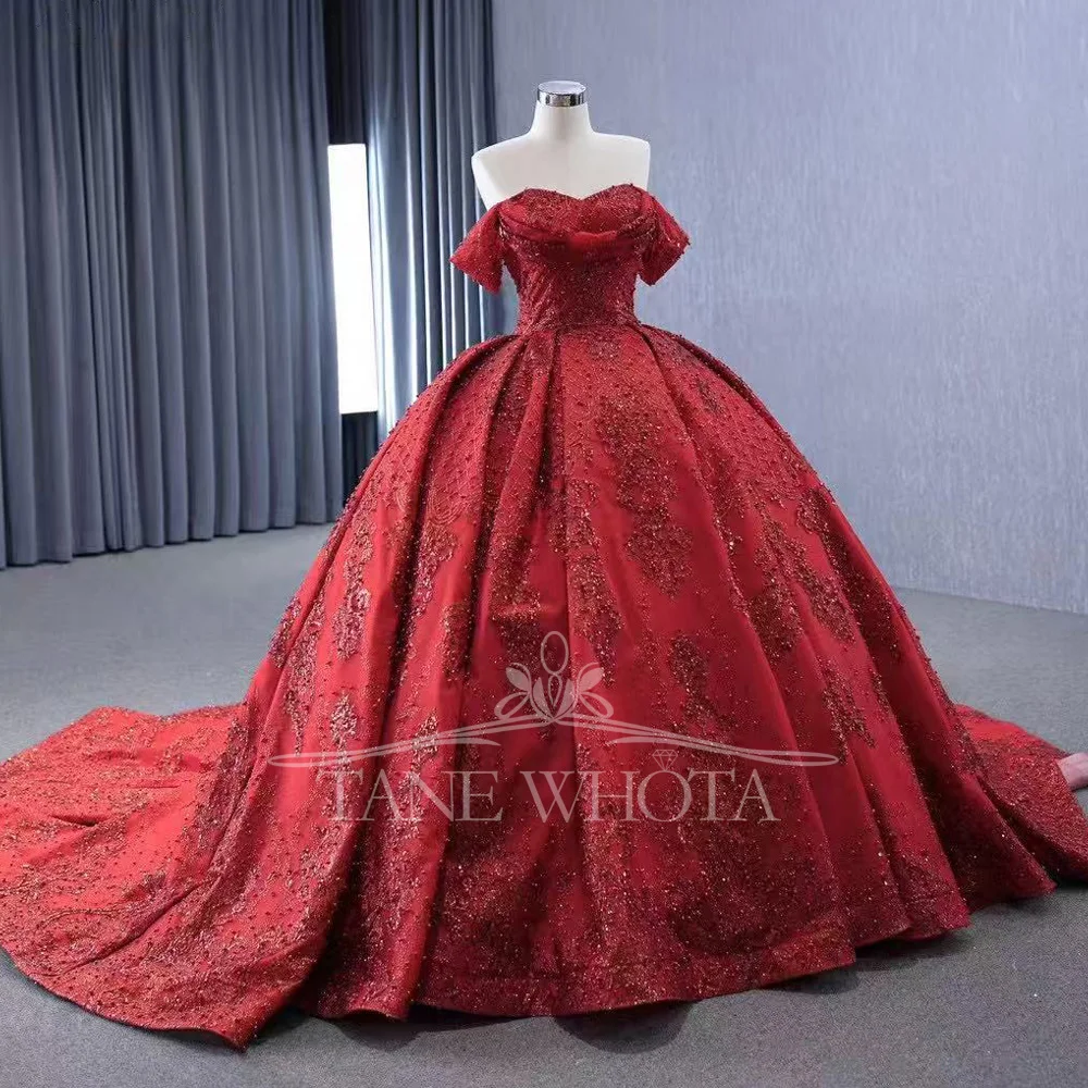Red Prom Dress Evening Sweetheart Off-Shoulder Lace-Up Back Beaded Sequined Women's Special Occasion Gown