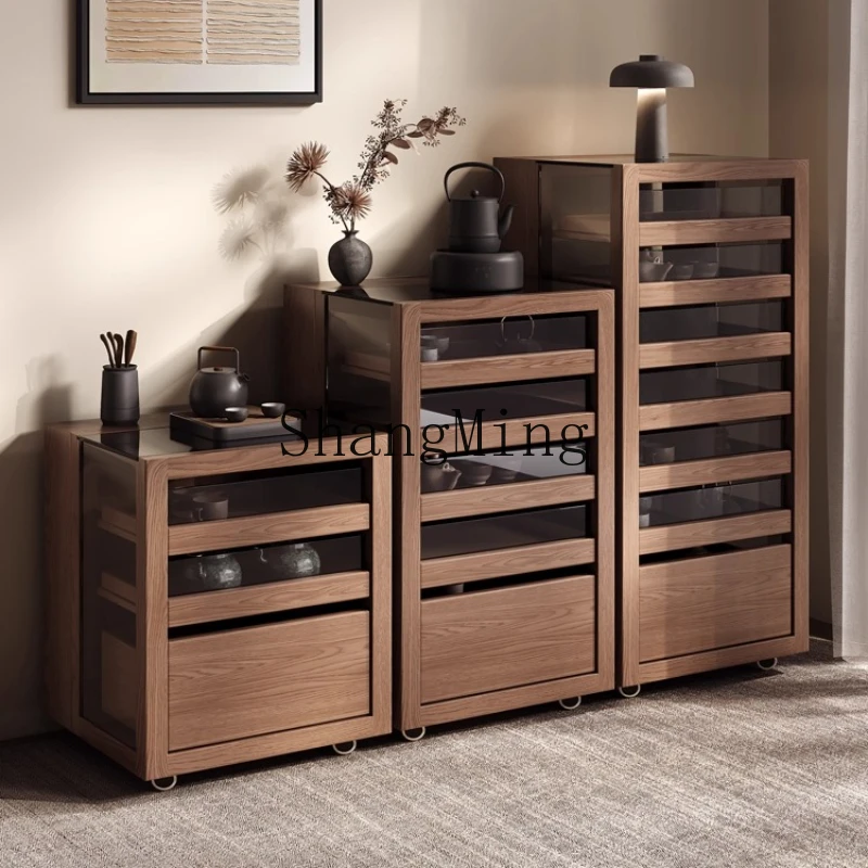 

ZYY mobile tea storage cabinet Chinese solid wood glass display side cabinet tea table rack