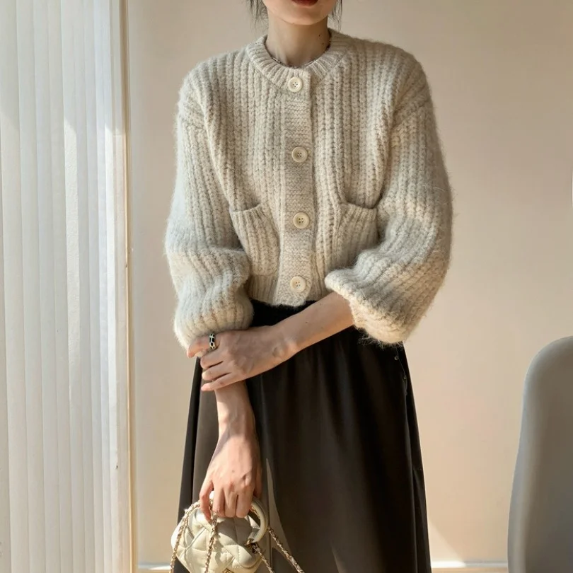 سترة نسائية فضفاضة محبوكة برقبة مستديرة وقصيرة للخريف والشتاء بأسلوب كوري ناعم ومريح بنسيج كابل مفتوح #5