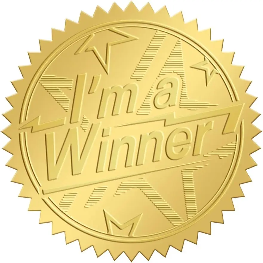 

50mm Gold Embossed Envelope Seals Stickers I’M A Winner 100pcs Adhesive Embossed Foil Seals Stickers Label for Wedding
