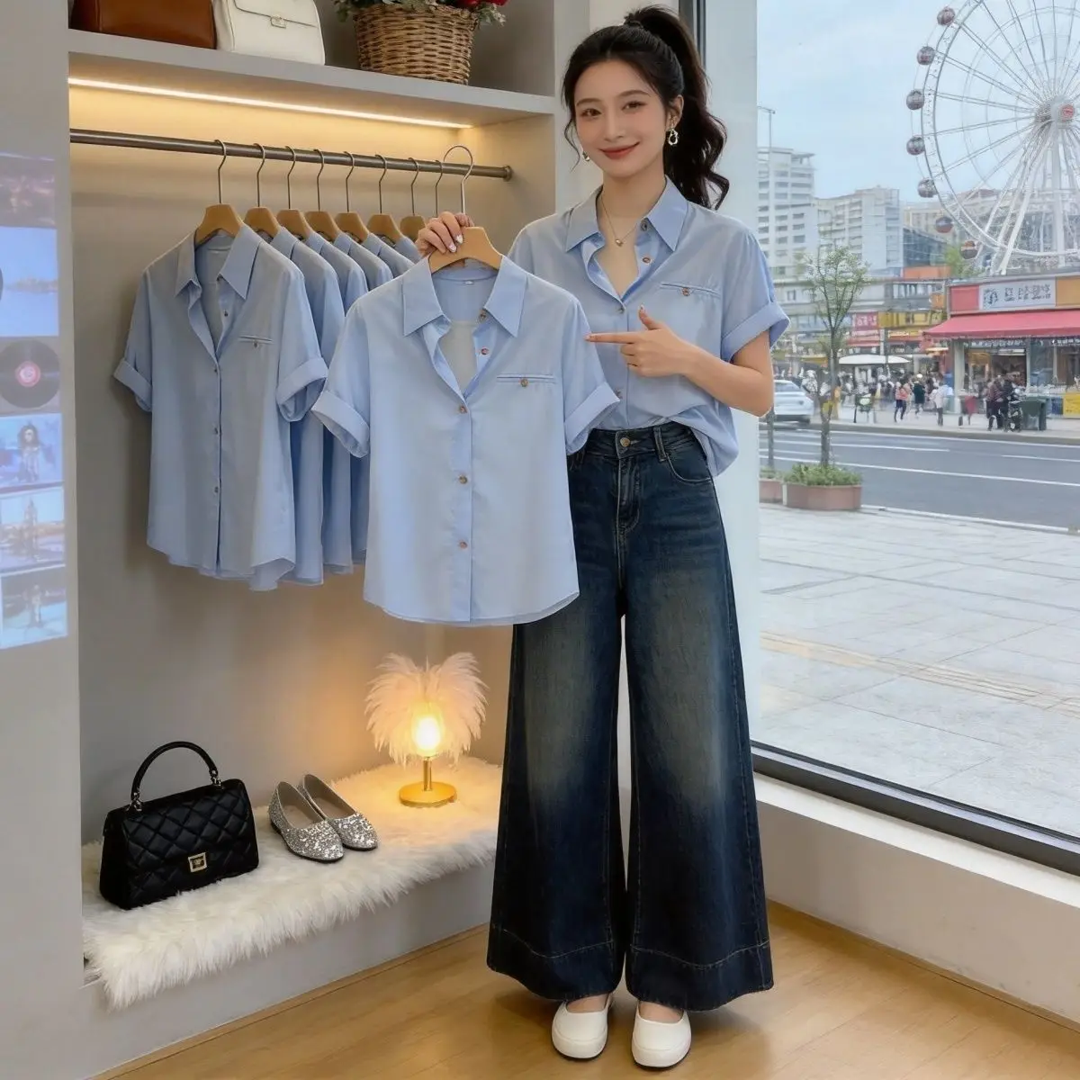 

Blue Pure Cotton Casual Loose Fit Summer Shirt Short Sleeve Thin Design Korean Style New Arrival Women's Top Comfortable Blouse