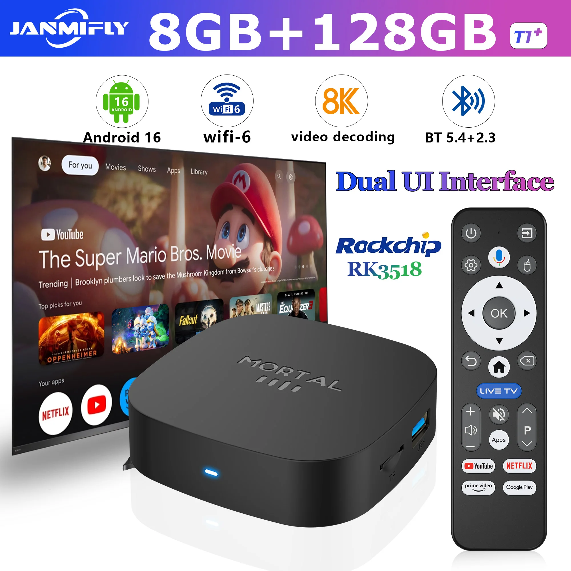 2025 جديد Android TV Box T1 + Rockchip RK3518 Android 16 8GB RAM 128GB ROM WiFi 6 BT 5.4 Dual UI 8K Ultra HD مشغل الوسائط الذكية #1