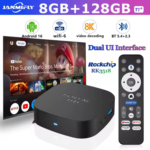 2025 New Android TV Box T1+ Rockchip RK3518 Android 16 8GB RAM 128GB ROM WiFi 6 BT 5.4 Dual UI 8K Ultra HD Smart Media Player