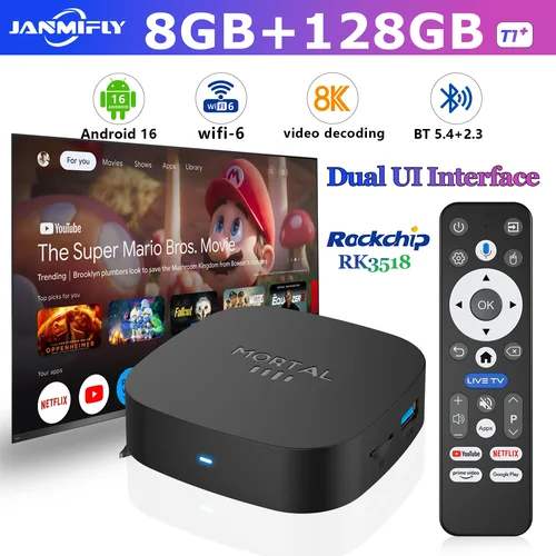 2025 nuevo Android TV Box T1 + Rockchip RK3518 Android 16 8GB RAM 128GB ROM WiFi 6 BT 5,4 Dual UI 8K Ultra HD reproductor multimedia inteligente