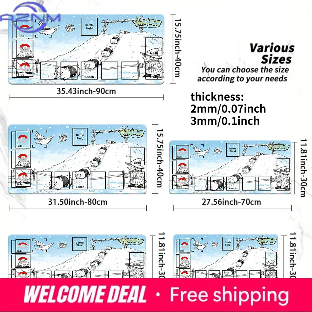 Pokemon Christmas Pig Sledding TCG Playmat, Anime Trading Card Game Mat with Zones, 2mm/3mm Non-Slip Mouse Pad for CCG MTG