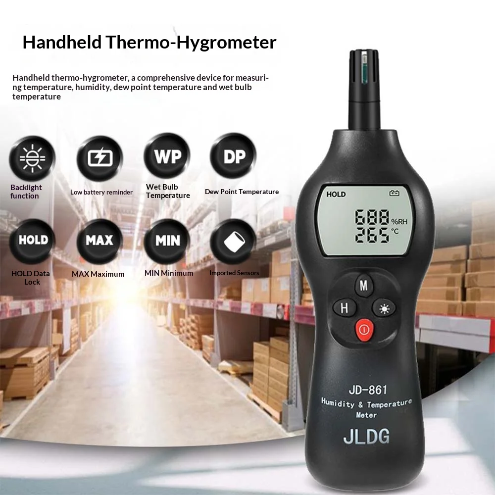 

JD-881 Digital Thermo-Hygrometer: Measures Temp/Humidity/DP/WB, High-Precision Sensor, 9V Battery, HOLD/MAX/MIN Functions