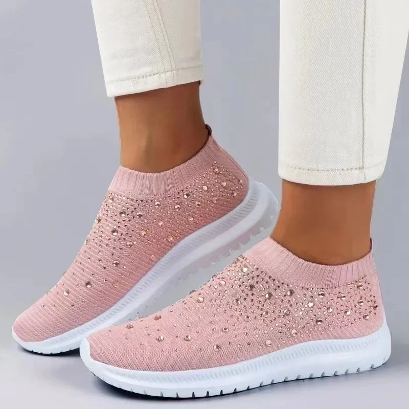 Rimocy Crystal Breathable Mesh Sneaker Shoes for Women Comfortable Soft Bottom Flats Plus Size 43 Non Slip Casual Shoes Woman