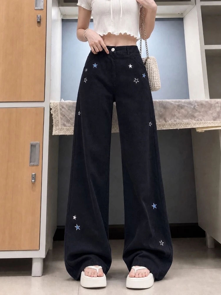 Summer Korean Casual Jeans Women High Waist Star Embroidery Wide Leg Denim Pants Female Black Preppy Loose Straight Trouser New