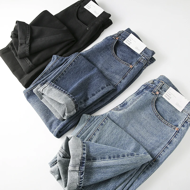 

Классические мужские джинсы прямого кроя с эффектом потертости, свободные, удлиненные, для осеннего сезона, повседневные, со средней посадкой, на молнии