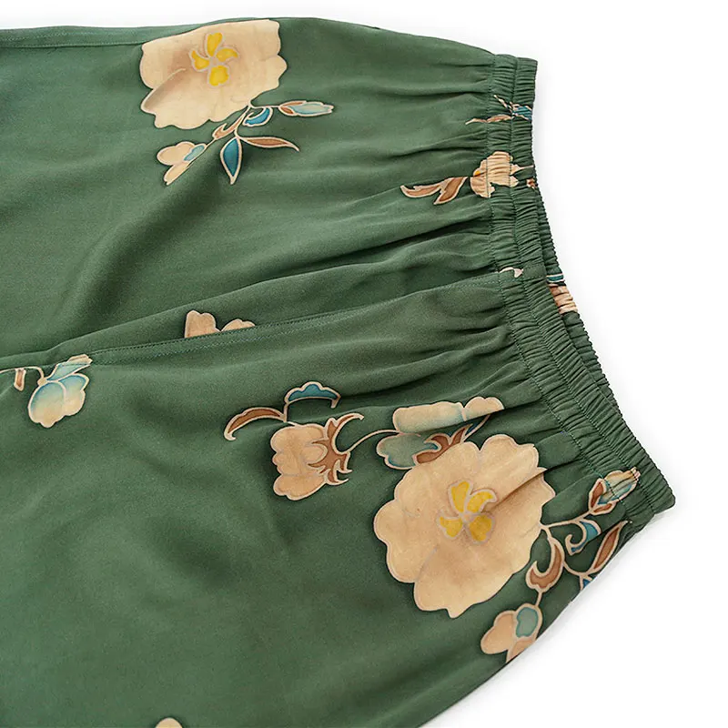 Birdtree-calças femininas elegantes de gaze regada de seda 60mm, estampa de cintura elástica, calças retrô casuais de pernas largas, outono 2025 novo b57890cc