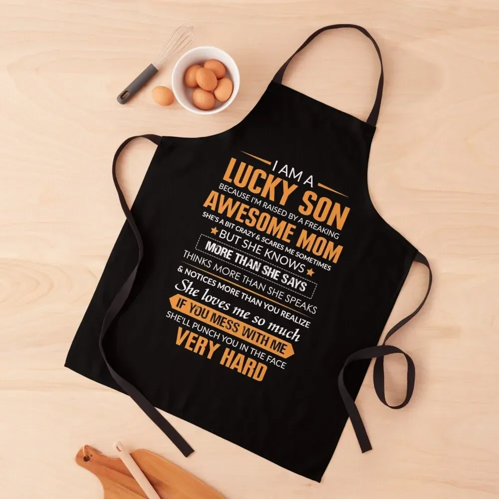 Funny Lucky Son Of Awesome Mom Quotes Retro Birthday Shirt Graduation Mothers Day T Shirt Apron Chef Accessories Apron