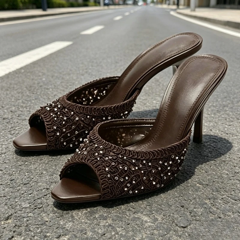 Brown String Bead Detail High Heels Women Summer Sexy Peep Toe Mules Sandals for Ladies Luxury Weave Elegant High Heels Slippers