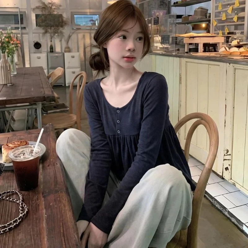 Japanese Kawaii Lolita Style T Shirts Women Sweet Ruffle Solid Color Long Sleeves Tops Harajuku Autumn Girls Casual Basic Tees