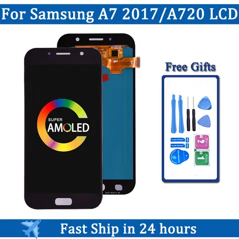 100% Super AMOLED LCD For Samsung Galaxy A7 2017 A720 A720F SM-A720F  LCD Display + Touch Screen Digitizer Assembly