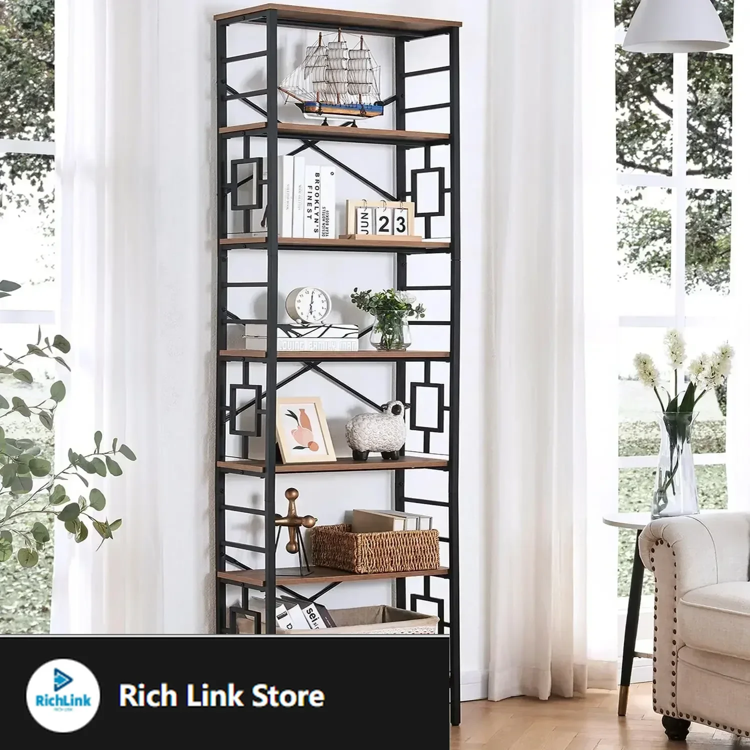 رف كتب طويل، رف كتب صناعي مقاس 84 بوصة بإطار معدني وأرفف مفتوحة، أرفف كتب معدنية مكونة من 7 طبقات وخزائن كتب #1