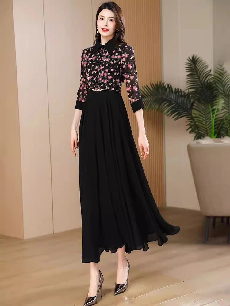 New Women Spring Summer Floral Chiffon Dress Fashion Shirt Collar Print Patchwork Slim Long Dress Elegant Flowing Mid-Calf Dress