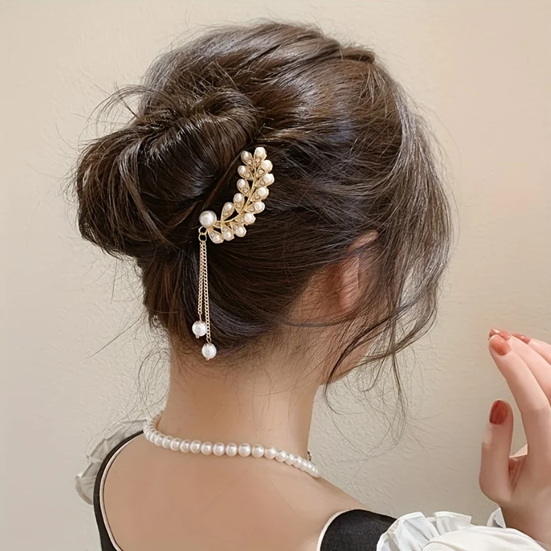 Leaf Alloy Hairpin Elegant Imitation Pearl Tassel U-shaped Hair Fork Ancient Style Exquisite Back Head Plate Hair Accessories