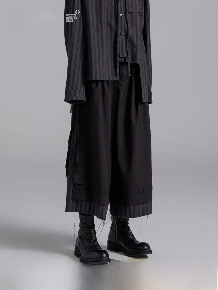 

k Stripe Splicing Wide Leg Pants Original Design Samurai Trousers Eighteen Inches Casual Loose Fit Youthful Sle Polyeste...