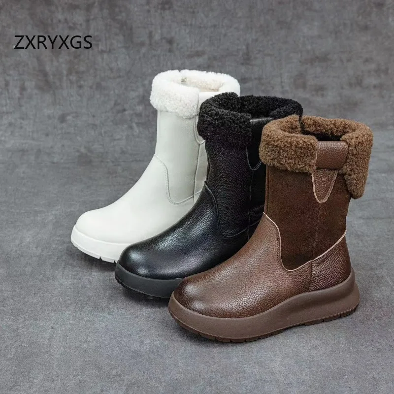 

ZXRYXGS Зимние зимние ботинки из воловьей кожи с верхним слоем, новинка 2025, удобные элегантные женские модные ботинки на толстой подошве на танкетке, модная обувь
