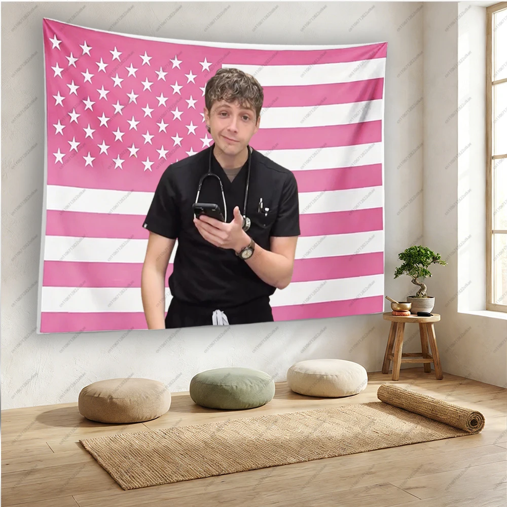 The P-Pitt  Pink US Flag Tapestry Funny Viral Doctor Guy Wall Hanging Dorm Y2K Room Decor Polyester