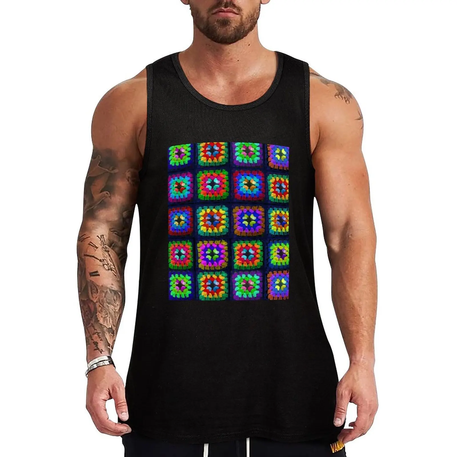 

Vintage Granny Squares Print Tank Top Jogging Tank Top Quick Dry Breathable Sleeveless Shirt