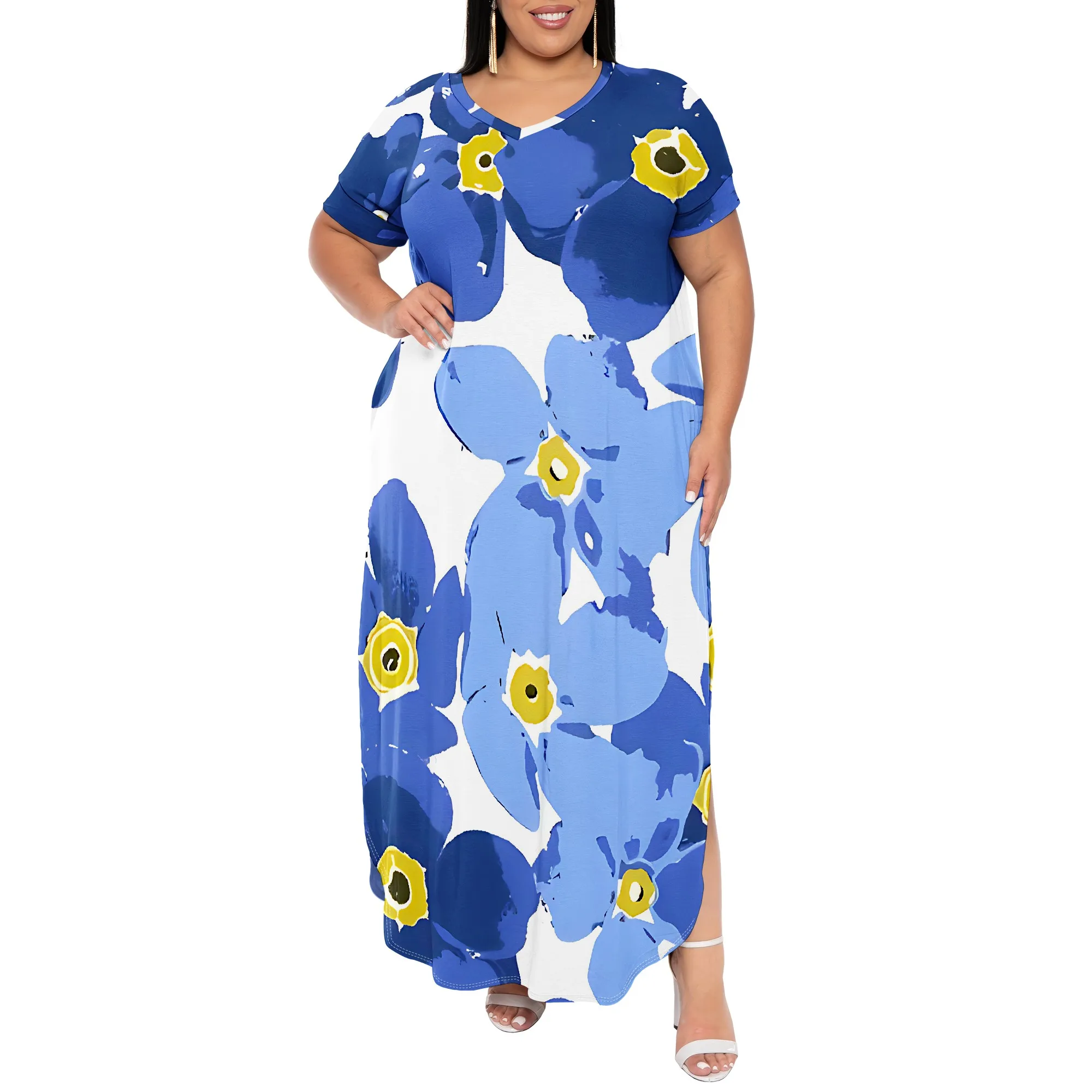 Plus Size Womens Fashion Short Sleeveless Loose  Sexy Outfits  Long Slip Print Sundress  Print Scoop Neck Casual  Maxi Dresses