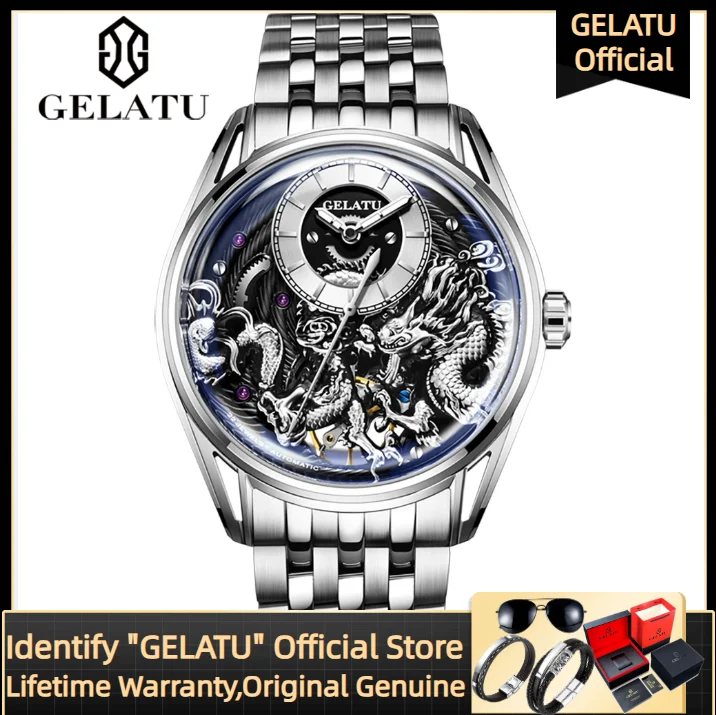 

GELATU 6018 Skeleton Automatic Mechanical Watch Luxury Original Wristwatch Stainless steel Dragon Watches