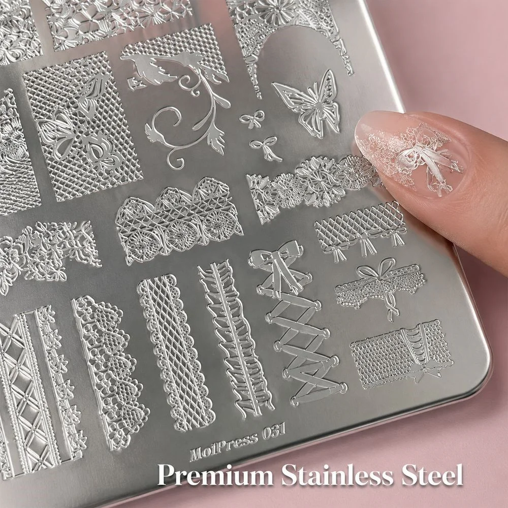 1Pc Delicate Lace Nail Stamp Plate Houndstooth Diamond Plaid Tassel Fringe Lace Ribbon Pattern Salon Manicure Tool