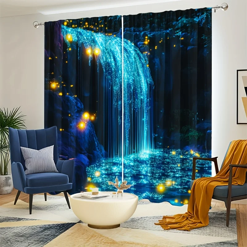 2PCS Sparkling Blue Waterfall & Firefly Curtains – Romantic Sheer for Bedroom Living Room Decor