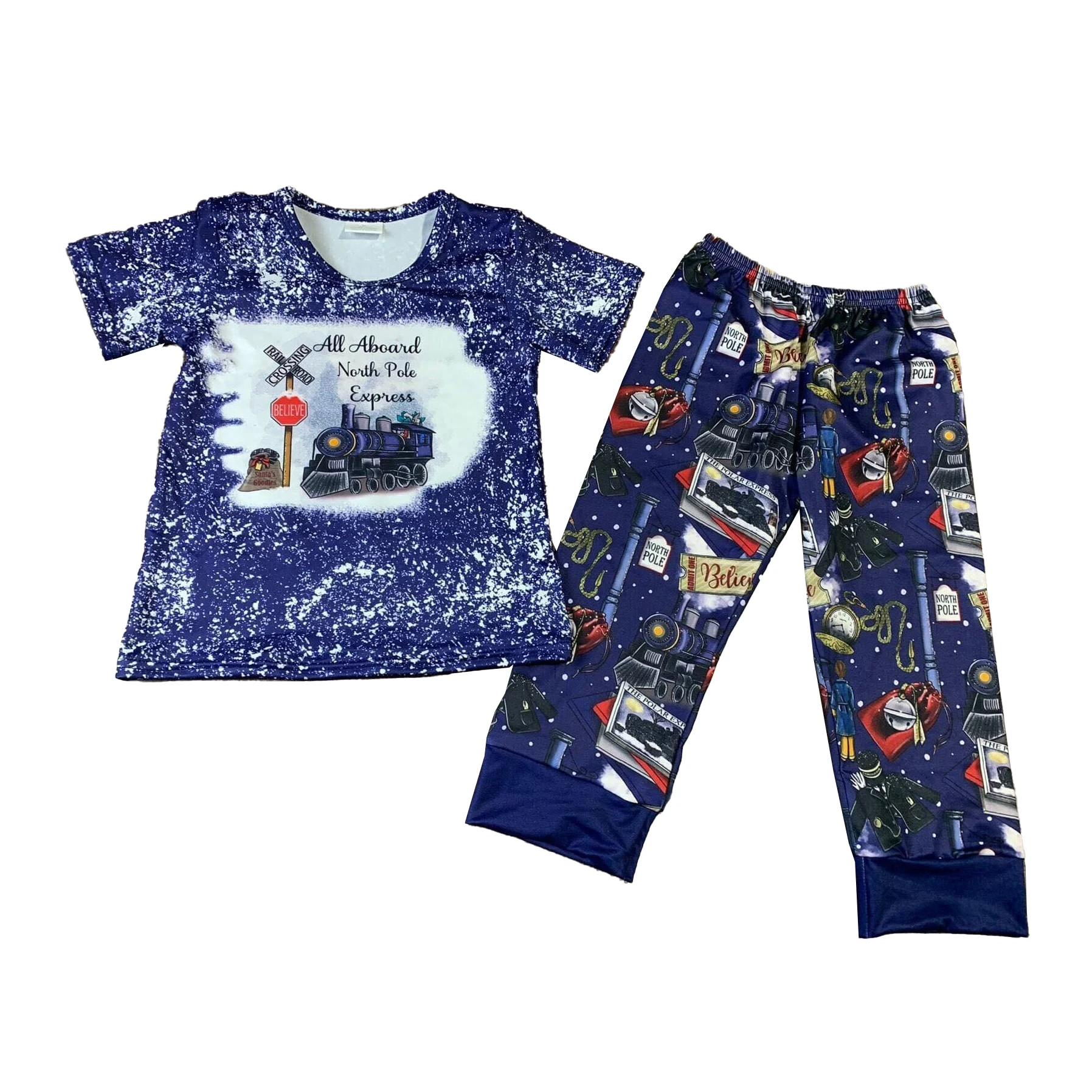 Boys Boutique Christmas Sleepwear Clothing Kids Christmas Train Pajamas Outfit Wholesale Boys Pyjamas Sets