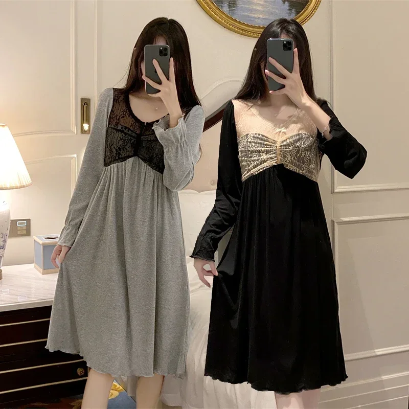 

Осень 2025 года, модальное сексуальное кружевное белье с длинными рукавами, ночные рубашки для женщин, корейская милая одежда для сна, ночное платье, ночная рубашка, домашняя ночная рубашка