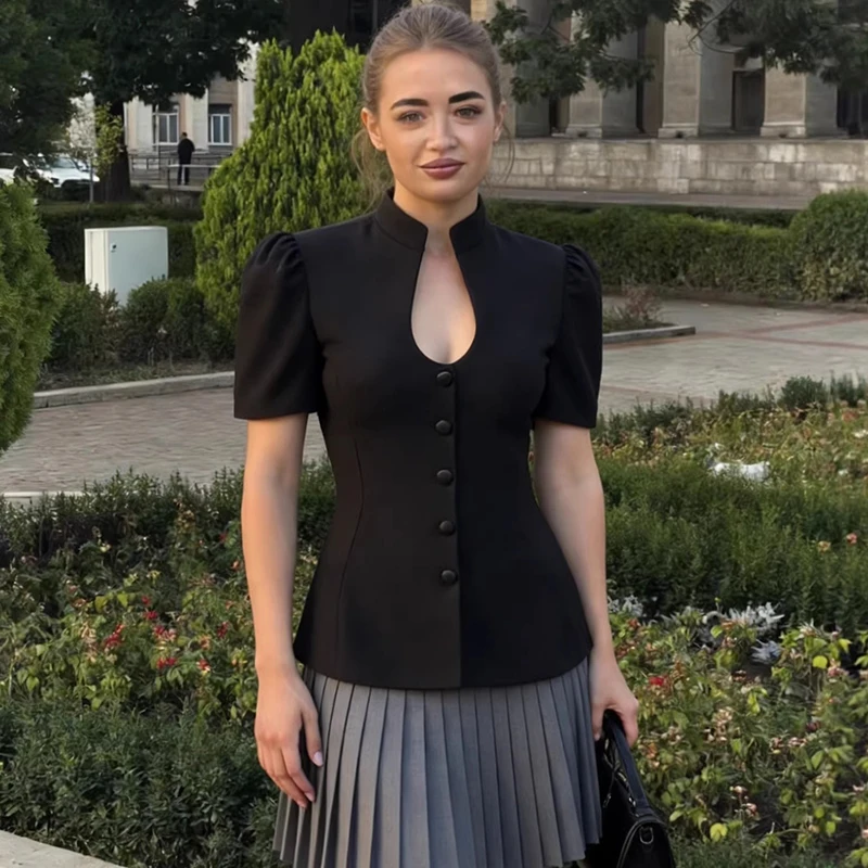 

Tornova Fashion Hollow Short Sleeve T shirt Women's Casual Commuting Single Breasted Top Slim Black Summer New Female T shirt