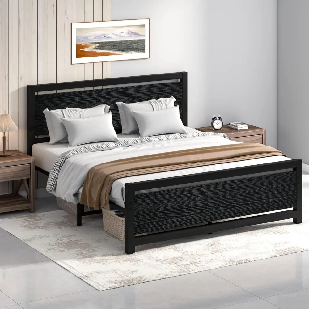 

Bed Frame with Wood Headboard, Metal Full Bed Frame with Strong Steel Slat Support, Heavy Duty Platform Bed, Under Bed Storage