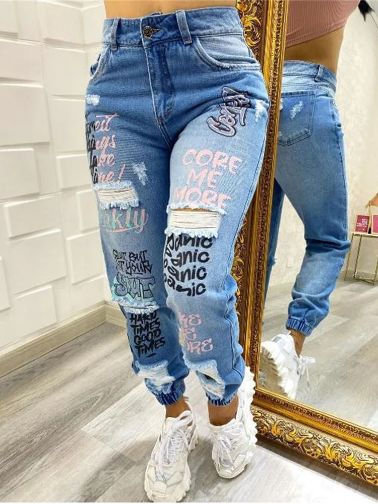 

Streetwear Letter Print Ladies Hole Jeans Washed Denim Straight Trousers Women Vintage Bundle Foot Jeans Do-old Casual Pants