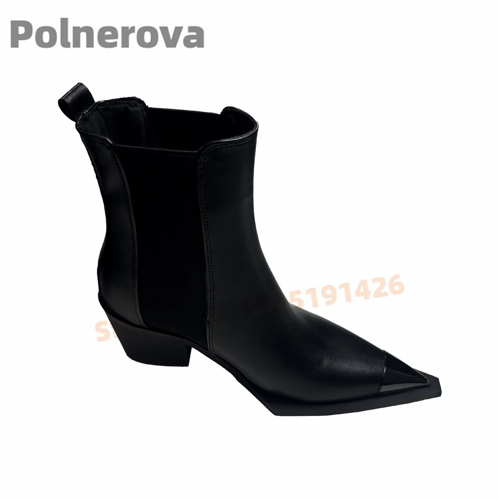 Metal Pointed Toe Work Motorcycle Boots Women Men Elastic Slim Ankle Boots British Style Chunky Heels Autumn Winter Shoes