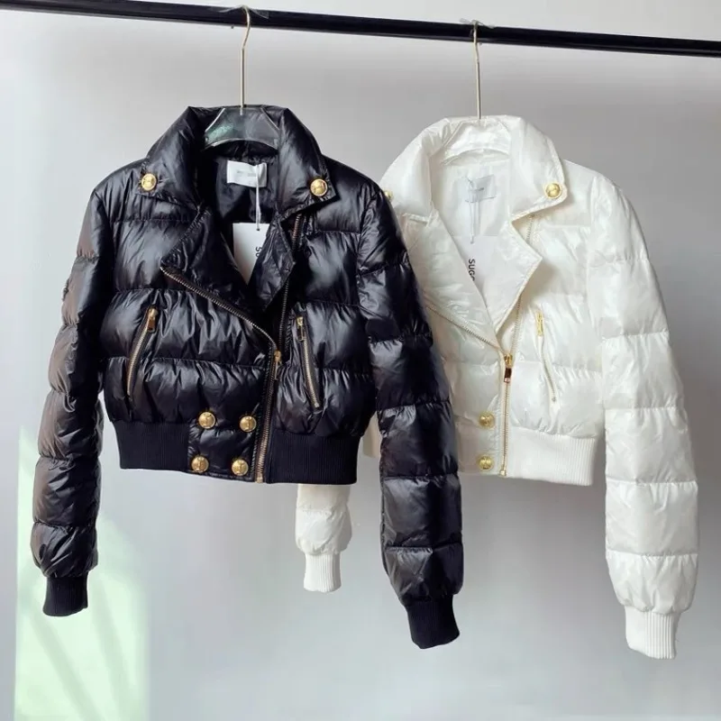 

Women'S Winter Cold Coat Women Short Quilted Cotton Jacket Warm Parkas Overcoat Female Black White Clothing Slim Zipper Pockets