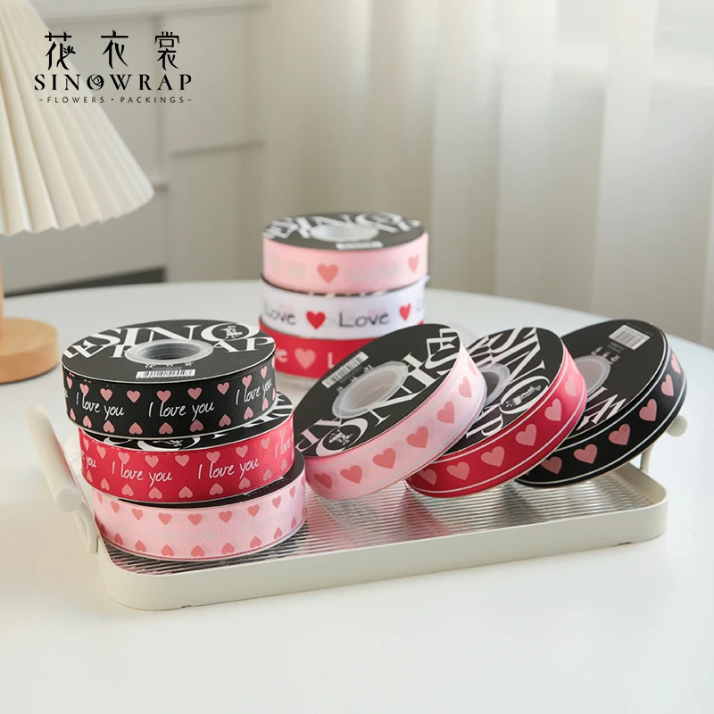 SINOWRAP New arrival 2.5cm*20Y Printing Ribbon Wrapping Mother's Day DIY Cute heart Shape Ribbon for Gifts or Flower Packing