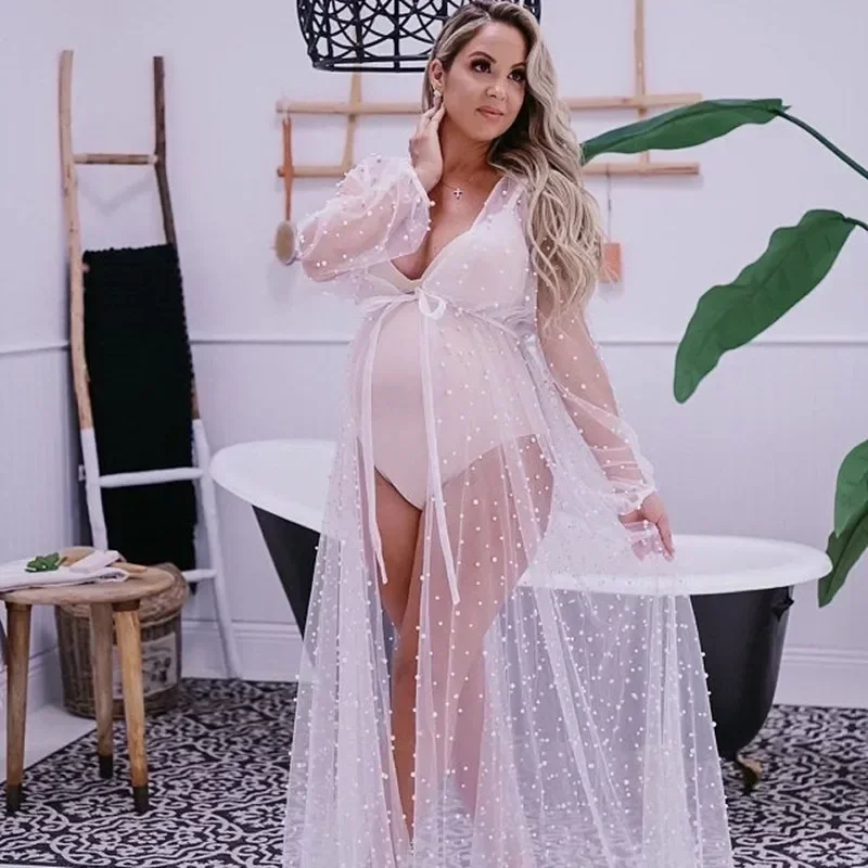 Vestido longo tule maternidade com pérola estéreo para fotografia, vestido quimono para sessão de fotos