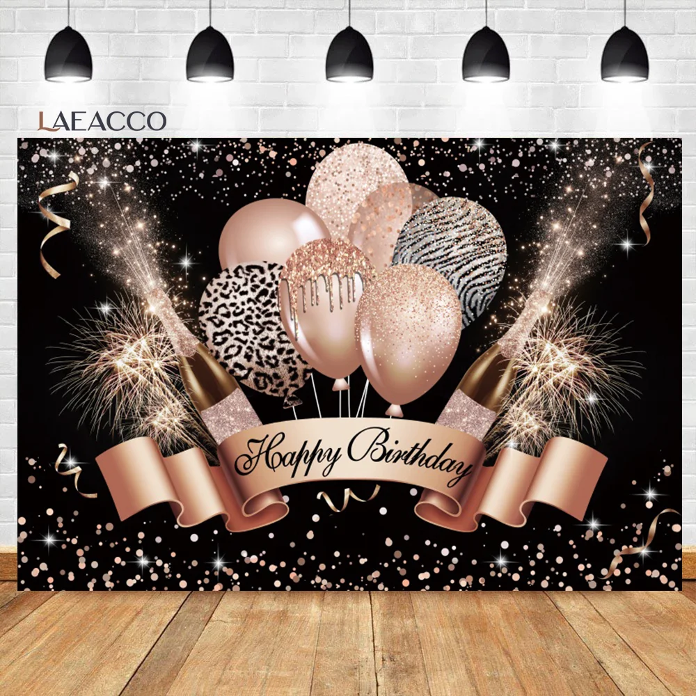 Laeacco สีดำและ Gold Happy Birthday การถ่ายภาพพื้นหลัง Glitters บอลลูนแชมเปญผู้ใหญ่เด็ก Portrait Csutomized ฉากหลัง