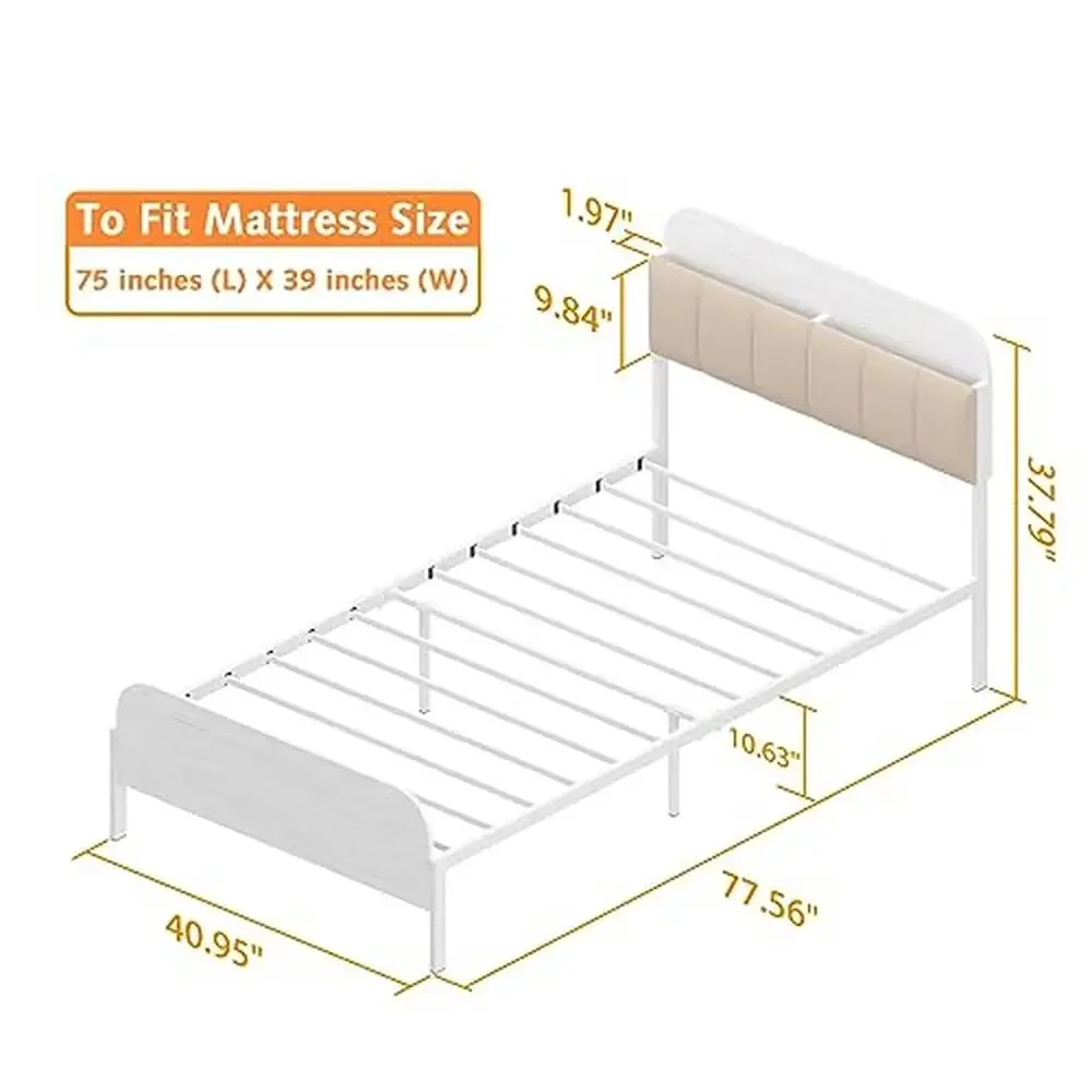 Kids Twin Bed Frame with Bookcase & Upholstered Headboards Sturdy Metal Platform Frame Boys Girls Teens Adults Adjustable Height