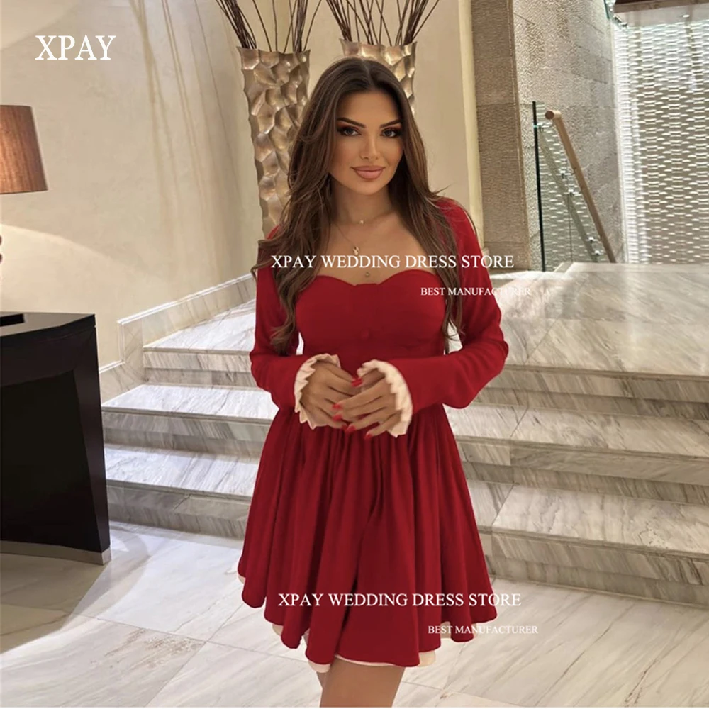 

XPAY Mini Prom Party Dresses Square Collar Long Sleeves White Border Dubai Arabic Women Evening Gowns Formal Occcasion Dress