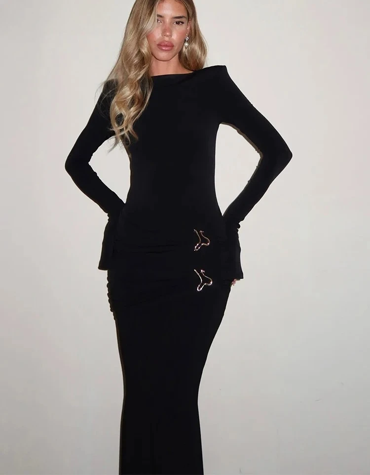 

Винтажное элегантное платье женское осеннее расклешенное с длинным рукавом с металлической пряжкой и складками однотонное повседневное простое трендовое облегающее длинное платье