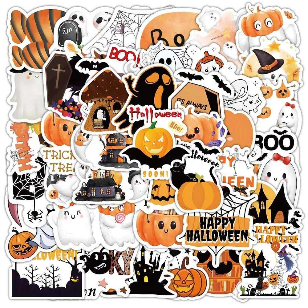 100PCS Halloween Series Stickers Cartoon Pumpkin Ghost Cute Graffiti Sticker Waterproof Pink Orange Decorative Sticker Toy