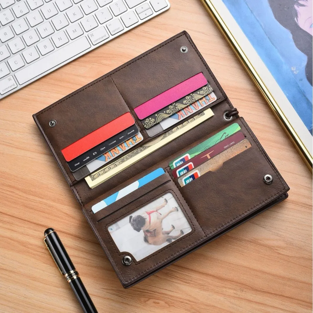 Men's Long Wallet, Retro Clutch Bag, Wear-resistant PU Leather Lanyard, Men's Multi-card Business Wallet