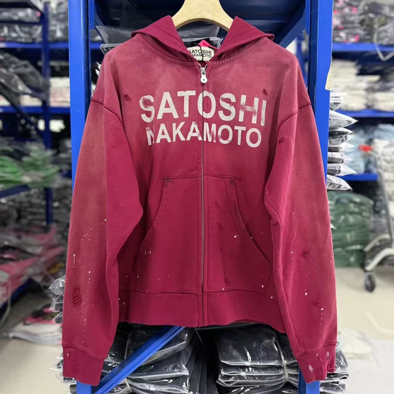 American Style Trend Satoshi Nakamoto Hooded Cardigan Set Autumn Winter Worn Out Worn Out Men Women Sweatpants 2 Piece Outfit