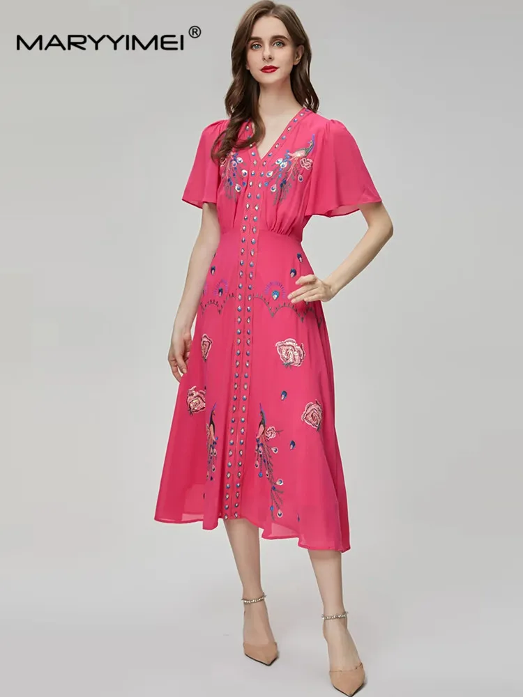 

MARYYIMEI New Fashion Runway Designer Women's V-Neck Short Sleeve Sequin Embroidered Splicing Pink Temperament Dress