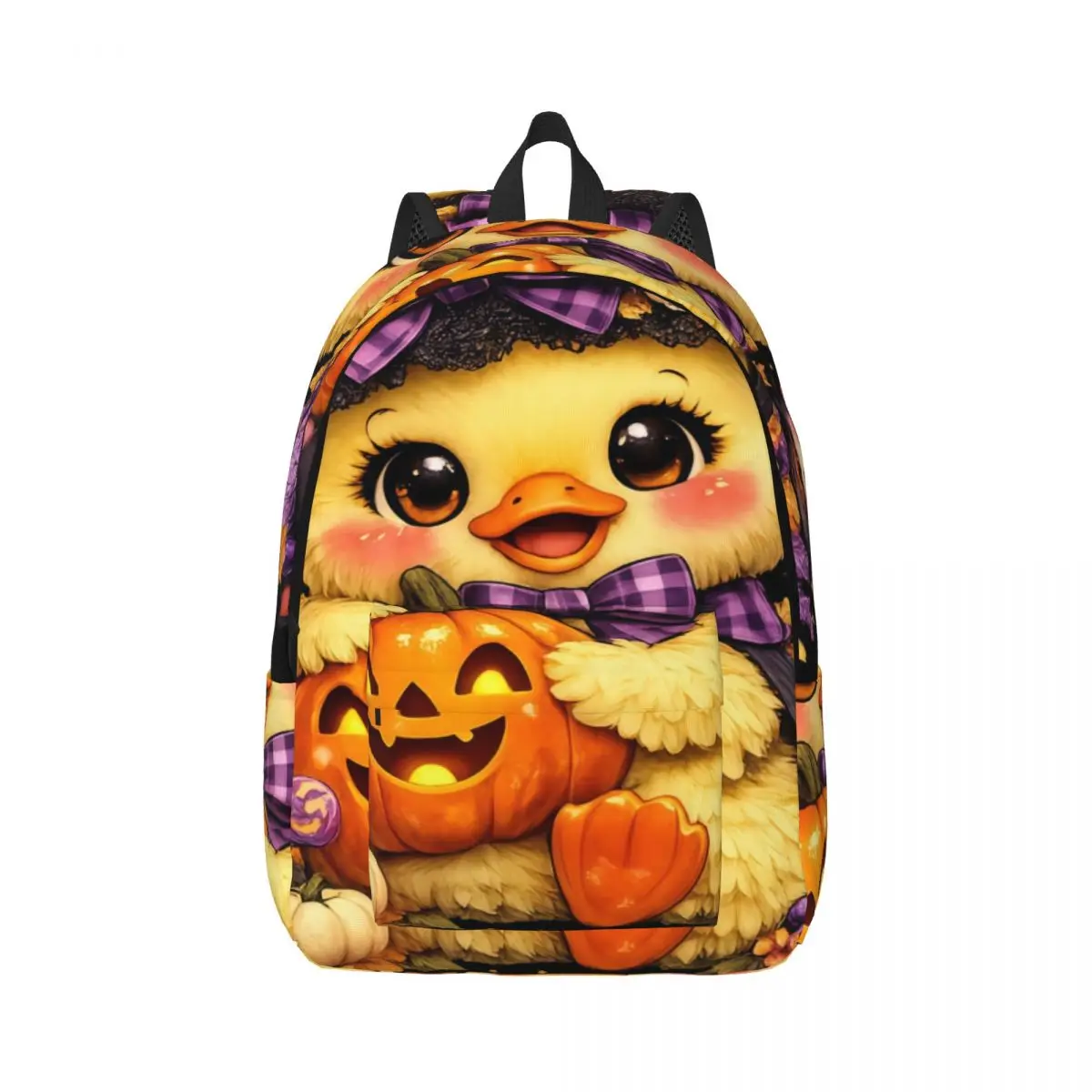 Lovely Casual Backpack Center Duckling Witch Hat Pumpkin Kitten Cute Kawaii Halloween Yellow Pu Sweet Bookbag for Girls Teens